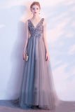 A Line Sequin Tulle Long V Neck Sleeveless Prom Dresses HZ0509