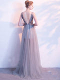 A Line Sequin Tulle Long V Neck Sleeveless Prom Dresses HZ0509