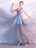 A Line Sequin Tulle Long V Neck Sleeveless Prom Dresses HZ0509