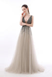 A Line Sequin Tulle Long V Neck Backless Formal Prom Dresses HZ0509