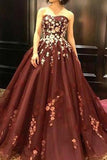 Burgundy Sleeveless Long Prom Dress with Appliques HZ0509
