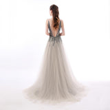 A Line Sequin Tulle Long V Neck Backless Formal Prom Dresses HZ0509