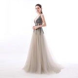 A Line Sequin Tulle Long V Neck Backless Formal Prom Dresses HZ0509