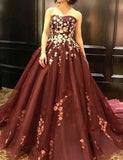 Burgundy Sleeveless Long Prom Dress with Appliques HZ0509