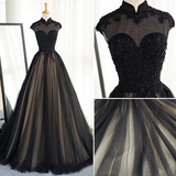 Chic A line High Neck Black Tulle Floor Length Modest Prom Dress Evening Dress HZ0509