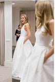 Satin Jewel A-line Long Bow-not Wedding Dresses With Pocket HZ0509