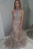 High Neck Blush Two Piece Prom Dress with Beading HZ0509