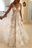 A-line V-neck Tulle Floor Length Wedding Dresses With Lace Appliques HZ0509