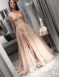 Sweetheart Long Split Prom Dress with Appliques A Line Evening Dress HZ0509