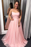 Line Pink Spaghetti Straps Prom Dress, Long Evening Party Dresses HZ0509
