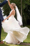 V Neckline A-line Backless Ivory A Line Beach Wedding Dress HZ0509