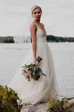 V Neckline A-line Backless Ivory A Line Beach Wedding Dress HZ0509