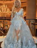 V-Neck Long Sleeve Prom Dress with Lace Appliques Light Blue Evening Gown HZ0509
