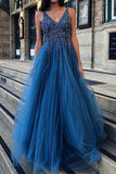 A Line Tulle Blue V Neck Beaded Long Prom Dresses HZ0509