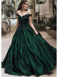 Shoulder Dark Green A-line Long Evening Prom Dresses, Cheap Sweet 16 Dresses HZ0509