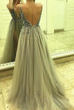 Side Split leeveless Tulle Evening Dress,Long Beading A Line Prom Dresses HZ0509