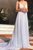 Sequin Long Prom Dress Spaghetti V Neck Backless Evening Dress HZ0509