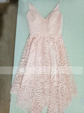 Blue/Pink Deep V-neck Spaghetti Straps Sleeveless Asymmetry Lace A-line Bridesmaid Dress HZ0509