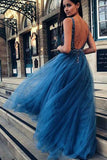A Line Tulle Blue V Neck Beaded Long Prom Dresses HZ0509