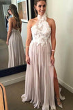 Line Chiffon High Neck Long Prom Dresses With Appliques HZ0509