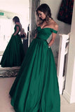 Line Off The Shoulder Simple Green Long Cheap Prom Dresses With Pockets HZ0509