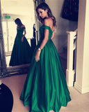 Line Off The Shoulder Simple Green Long Cheap Prom Dresses With Pockets HZ0509