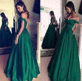 Line Off The Shoulder Simple Green Long Cheap Prom Dresses With Pockets HZ0509