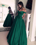 Line Off The Shoulder Simple Green Long Cheap Prom Dresses With Pockets HZ0509