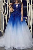 Royal Blue White Ombre Long Prom Dresses with Appliques for Teens HZ0509
