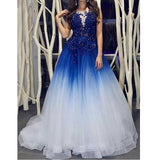 Royal Blue White Ombre Long Prom Dresses with Appliques for Teens HZ0509