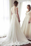 V-Neck Lace Appliqued Cap Sleeves Ivory Long Wedding Dresses HZ0509