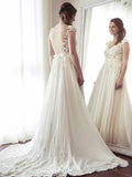 V-Neck Lace Appliqued Cap Sleeves Ivory Long Wedding Dresses HZ0509