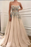 Spaghetti Straps Appliques A-line Formal Long Prom Dresses HZ0509