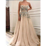 Spaghetti Straps Appliques A-line Formal Long Prom Dresses HZ0509