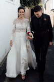 A-line Bateau Long Sleeve Lace Appliques Off White Wedding Dresses HZ0509