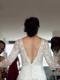 A-line Bateau Long Sleeve Lace Appliques Off White Wedding Dresses HZ0509