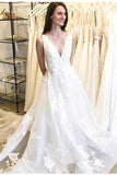 A-Line Deep V-Neck Backless Long Wedding Dress with Appliques HZ0509