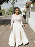 A-line Bateau Long Sleeve Lace Appliques Off White Wedding Dresses HZ0509