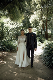 A-line Bateau Long Sleeve Lace Appliques Off White Wedding Dresses HZ0509