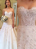 Sweetheart Sweep Train A Line Long Wedding Dress with Lace Appliques HZ0509
