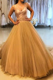 A-Line Spaghetti Straps Tulle Gold Long Prom Dresses HZ0509