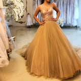 A-Line Spaghetti Straps Tulle Gold Long Prom Dresses HZ0509