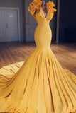Mermaid V-Neck Sleeveless Yellow Long Prom Dress with Ruffles HZ0509