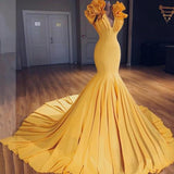 Mermaid V-Neck Sleeveless Yellow Long Prom Dress with Ruffles HZ0509