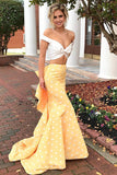 2 Pieces Off The Shoulder Yellow Long Mermaid Prom Dresses HZ0509