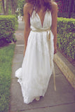 Boho V-Neck Backless Floor Length Lace Wedding Dress with Sash HZ0509