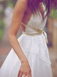 Boho V-Neck Backless Floor Length Lace Wedding Dress with Sash HZ0509