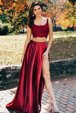Pieces Scoop Sleeveless Burgundy Split Sexy Long Prom Dresses HZ0509