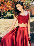 Pieces Scoop Sleeveless Burgundy Split Sexy Long Prom Dresses HZ0509