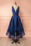 Blue A Line Satin Lace V Neck High-low Bridesmaid Dress,Simple Prom Dresses HZ0509